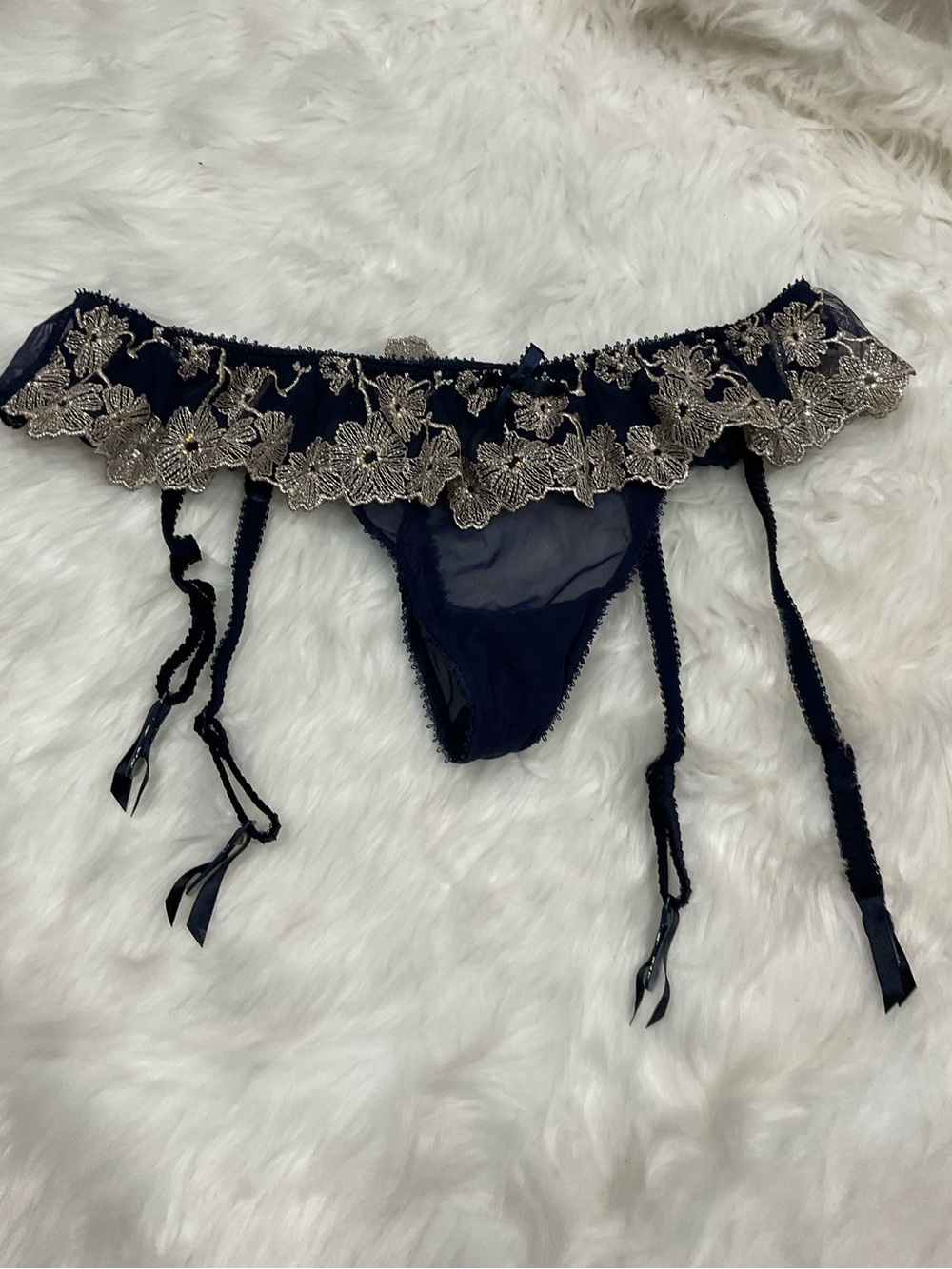 Y2k Victoria's Secret Navy Garter Belt and Thong with Gold Floral Lace